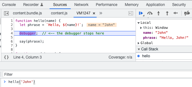Browser debugger output