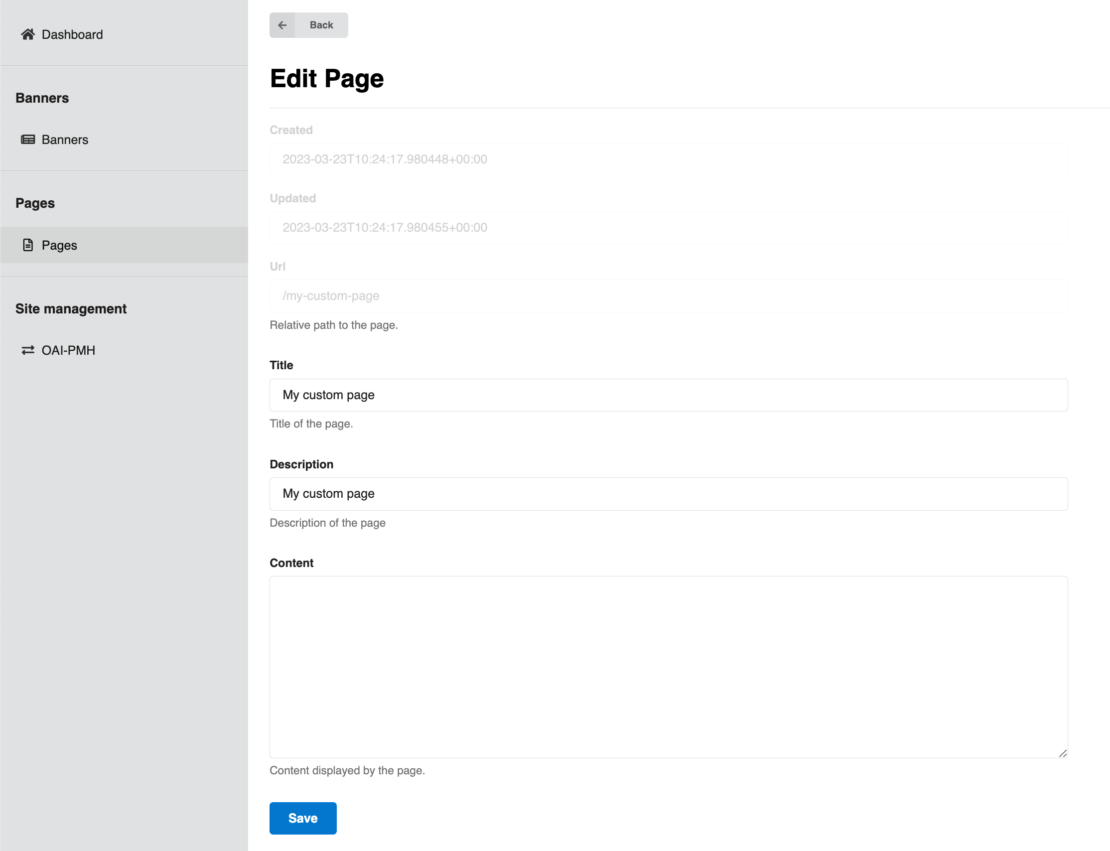 Admin panel pages edit